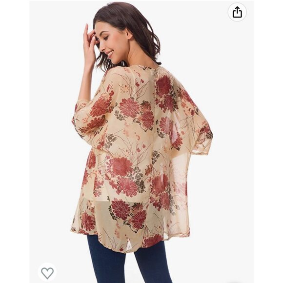 🌸3/$15🌸Beige Floral Sheer Short Sleeve Kimono with Dusty Roses sz Large - Picture 5 of 5